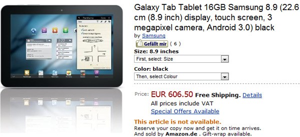 Samsung Galaxy Tab 8.9 costa 606 euro pe Amazon.de