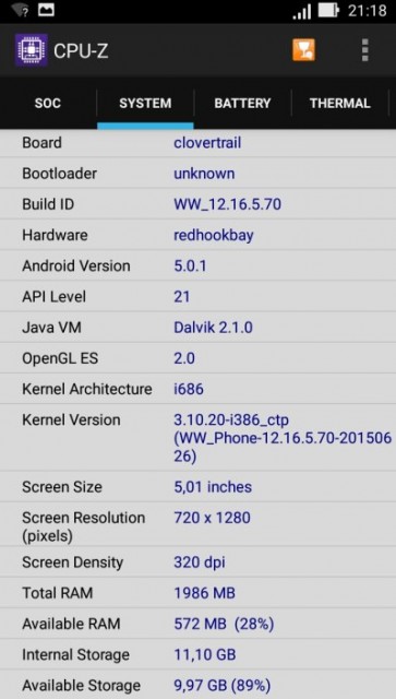 Identificare hardware cu CPUZ pentru ASUS Zenfone 2 ZE500CL